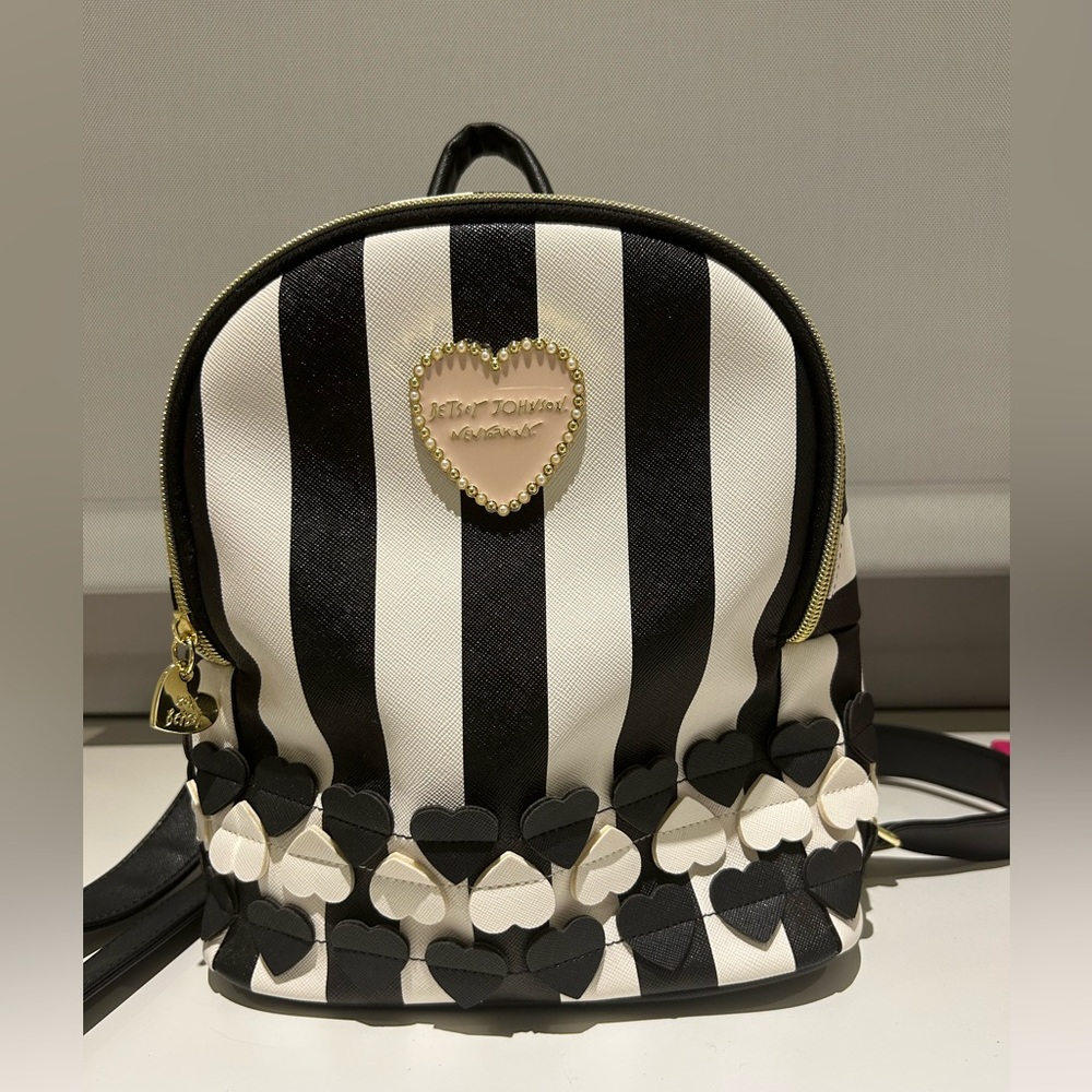 Small Betsy Johnson New York black and white stripe backpack with hearts